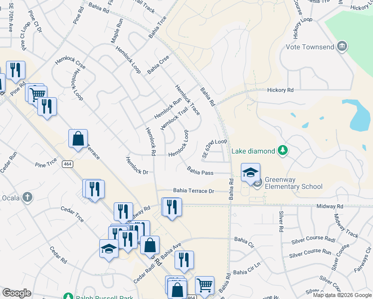 map of restaurants, bars, coffee shops, grocery stores, and more near 8 Bahia Pass Run in Ocala
