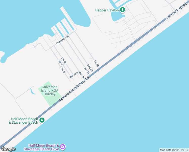 map of restaurants, bars, coffee shops, grocery stores, and more near 23245 Termini-San Luis Pass Road in Galveston