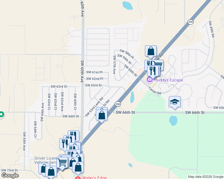 map of restaurants, bars, coffee shops, grocery stores, and more near 5631 Southwest 64th Street Road in Ocala