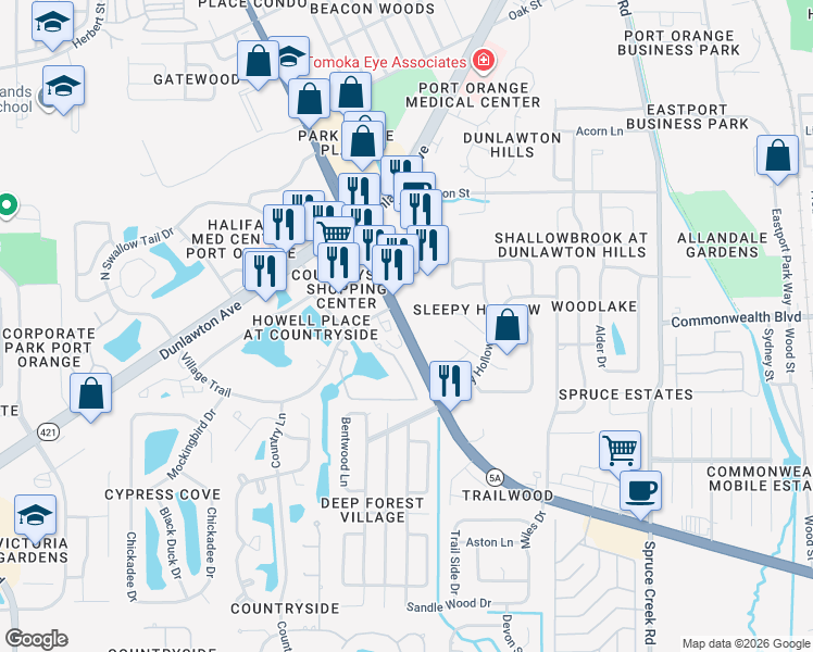 map of restaurants, bars, coffee shops, grocery stores, and more near 3869 South Nova Road in Port Orange