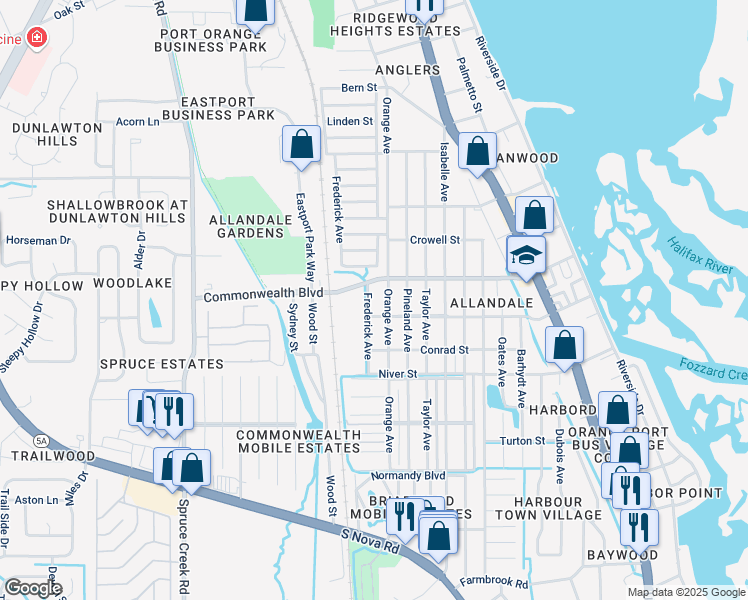 map of restaurants, bars, coffee shops, grocery stores, and more near 5218 Orange Avenue in Port Orange