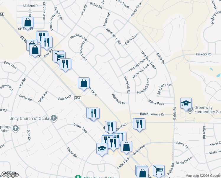 map of restaurants, bars, coffee shops, grocery stores, and more near 6 Hemlock Loop Pass in Ocala