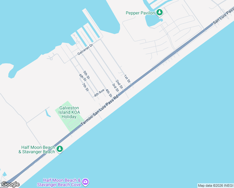 map of restaurants, bars, coffee shops, grocery stores, and more near 4130 3rd Street in Galveston