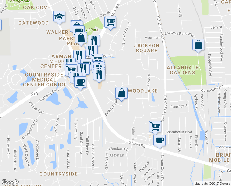 map of restaurants, bars, coffee shops, grocery stores, and more near 716 Kristina Court in Port Orange