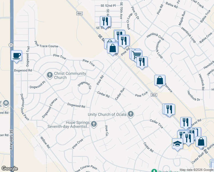 map of restaurants, bars, coffee shops, grocery stores, and more near 19 Cedar Terrace in Ocala