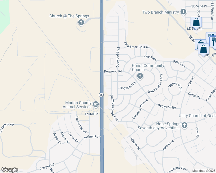 map of restaurants, bars, coffee shops, grocery stores, and more near 3 Dogwood Run in Ocala