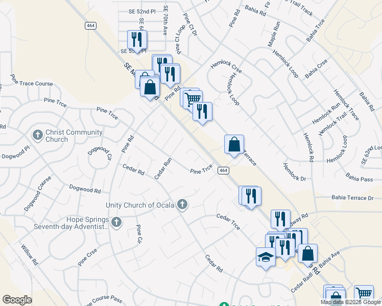 map of restaurants, bars, coffee shops, grocery stores, and more near 62 Pine Trace Run in Ocala