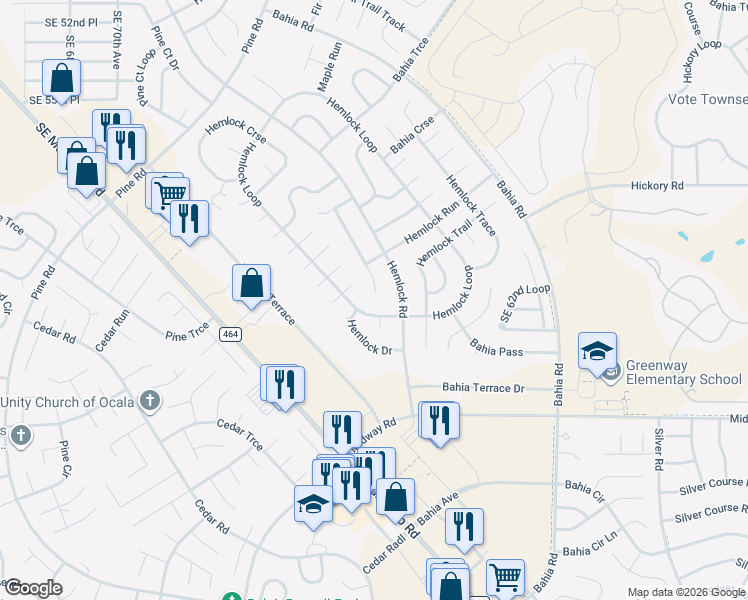 map of restaurants, bars, coffee shops, grocery stores, and more near 32 Hemlock Court Pass in Ocala