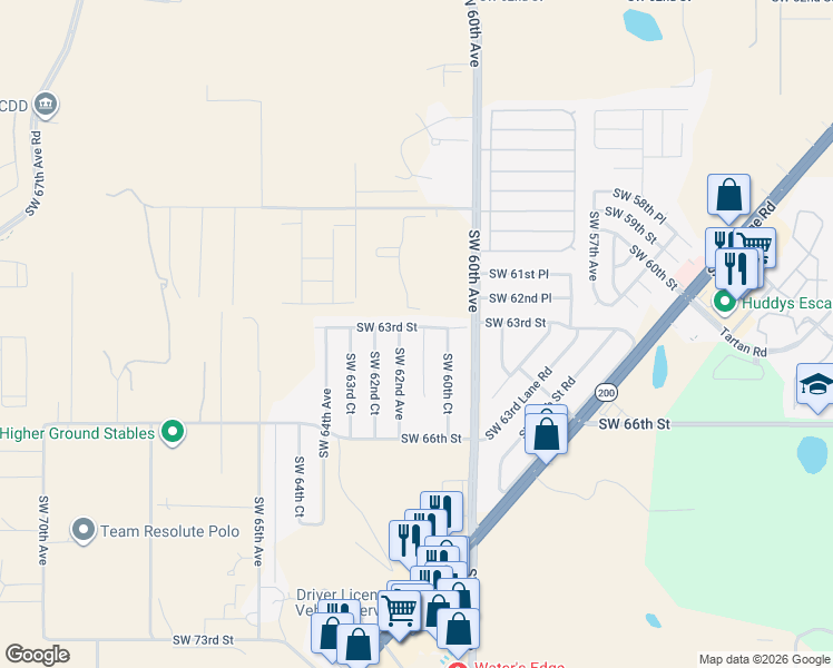 map of restaurants, bars, coffee shops, grocery stores, and more near 6323 Southwest 62nd Avenue in Ocala
