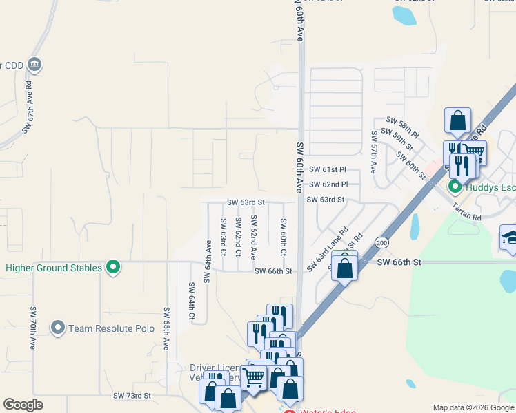 map of restaurants, bars, coffee shops, grocery stores, and more near 6323 Southwest 62nd Avenue in Ocala