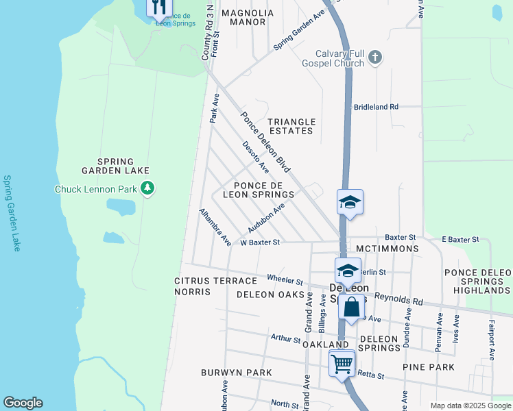 map of restaurants, bars, coffee shops, grocery stores, and more near 314 Quebec Avenue in De Leon Springs