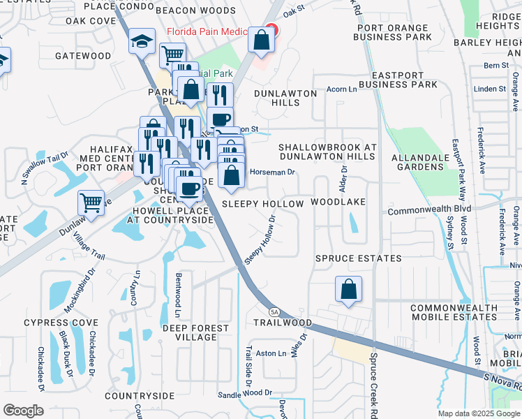 map of restaurants, bars, coffee shops, grocery stores, and more near 716 Kristina Court in Port Orange