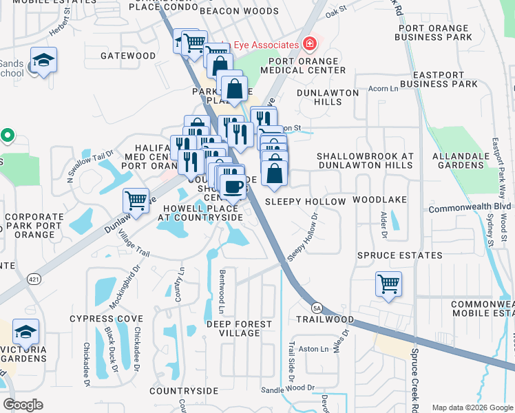 map of restaurants, bars, coffee shops, grocery stores, and more near 3869 South Nova Road in Port Orange