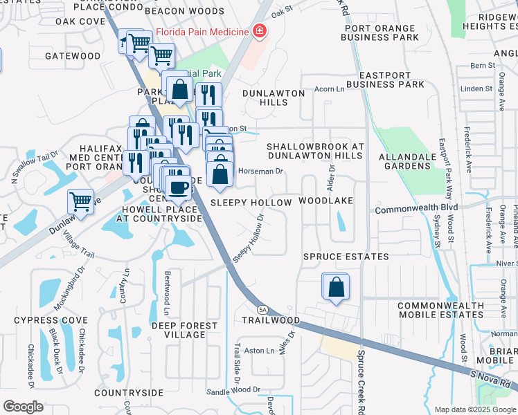 map of restaurants, bars, coffee shops, grocery stores, and more near 718 Sleepy Hollow Drive in Port Orange