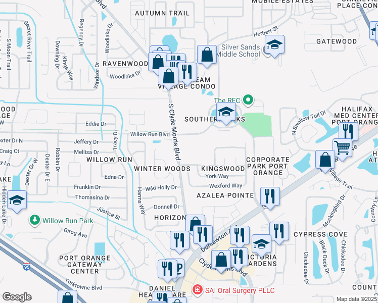 map of restaurants, bars, coffee shops, grocery stores, and more near 4705 South Clyde Morris Boulevard in Port Orange