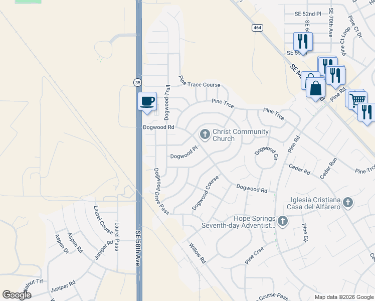 map of restaurants, bars, coffee shops, grocery stores, and more near 17 Dogwood Place in Ocala