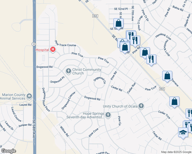 map of restaurants, bars, coffee shops, grocery stores, and more near 87 Dogwood Circle in Ocala
