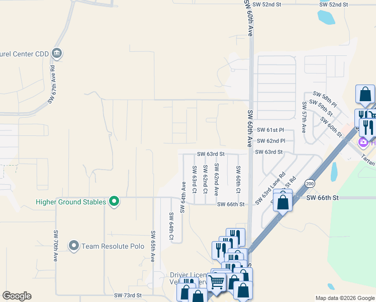map of restaurants, bars, coffee shops, grocery stores, and more near 6335 Southwest 64th Avenue in Ocala
