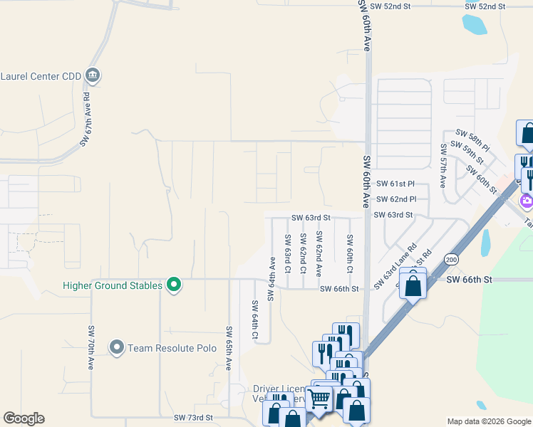 map of restaurants, bars, coffee shops, grocery stores, and more near 6425 Southwest 63rd Street in Ocala