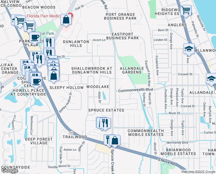 map of restaurants, bars, coffee shops, grocery stores, and more near 4574 Woodcove Drive in Port Orange