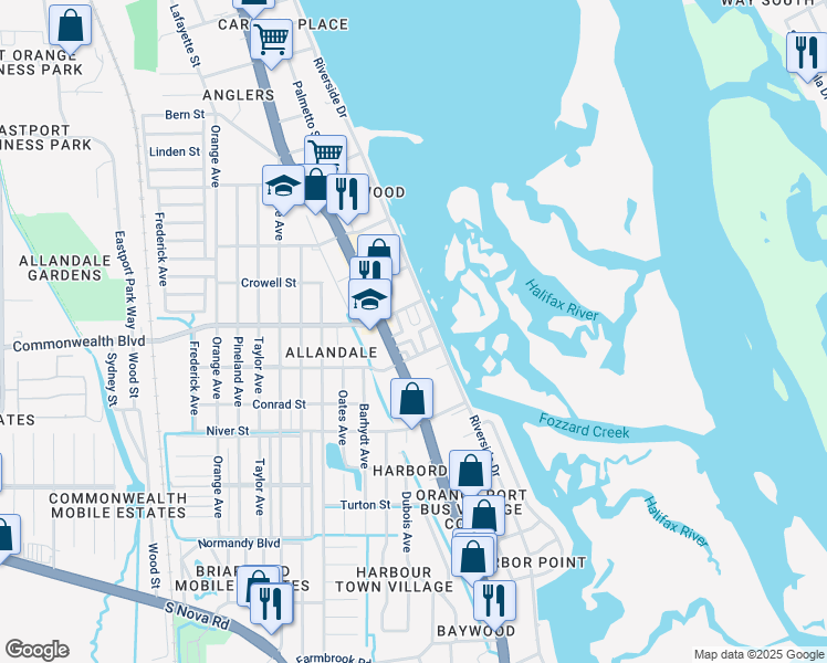 map of restaurants, bars, coffee shops, grocery stores, and more near 5293 South Ridgewood Avenue in Port Orange