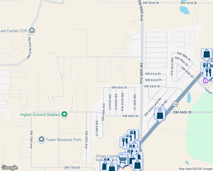 map of restaurants, bars, coffee shops, grocery stores, and more near 6335 Southwest 64th Avenue in Ocala