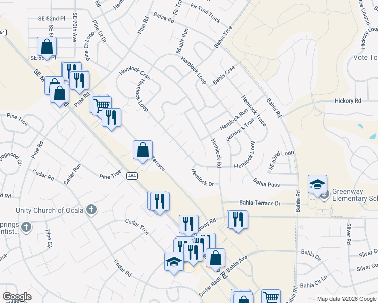 map of restaurants, bars, coffee shops, grocery stores, and more near 6 Hemlock Loop Pass in Ocala