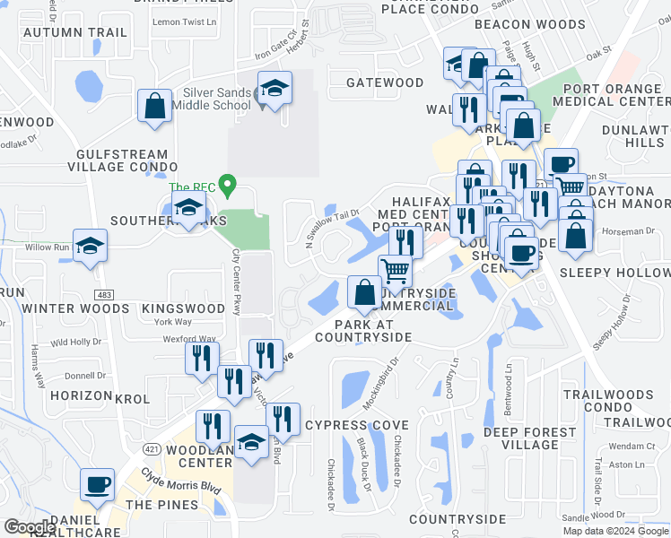 map of restaurants, bars, coffee shops, grocery stores, and more near 3936 Oak Crest Circle in Port Orange