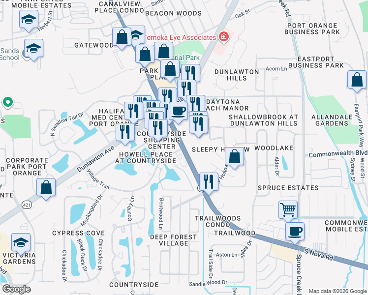 map of restaurants, bars, coffee shops, grocery stores, and more near 3853 South Nova Road in Port Orange