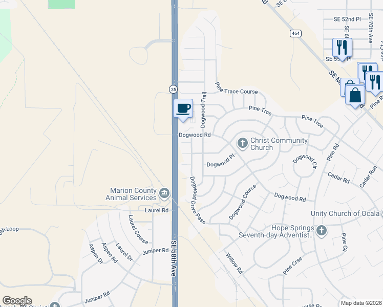 map of restaurants, bars, coffee shops, grocery stores, and more near 30 Dogwood Trail in Ocala