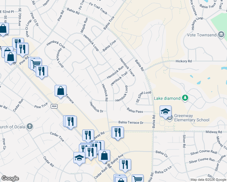 map of restaurants, bars, coffee shops, grocery stores, and more near 34 Hemlock Trail in Ocala