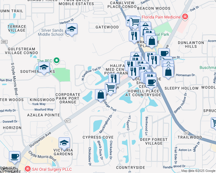 map of restaurants, bars, coffee shops, grocery stores, and more near 1165 Dunlawton Avenue in Port Orange