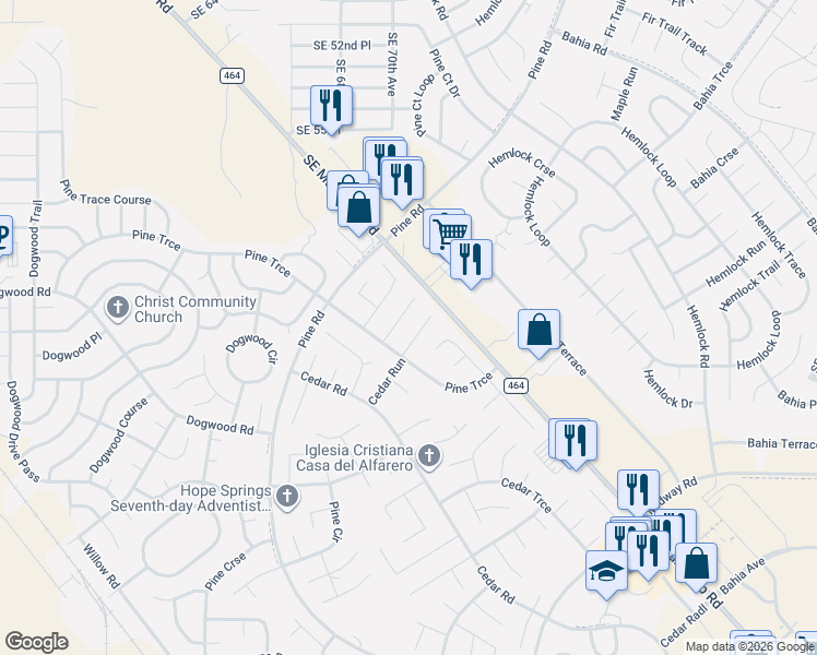 map of restaurants, bars, coffee shops, grocery stores, and more near 12 Pine Trace Terrace in Ocala