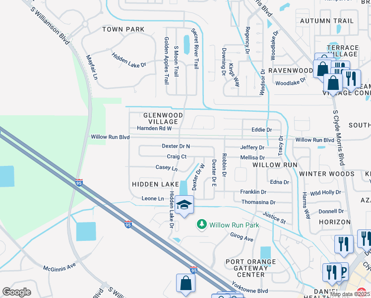 map of restaurants, bars, coffee shops, grocery stores, and more near 1409 Dexter Drive West in Port Orange