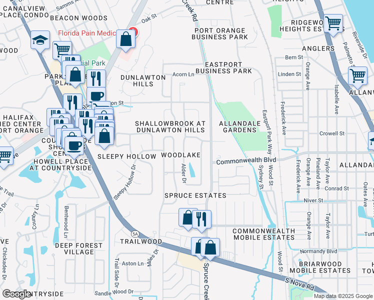 map of restaurants, bars, coffee shops, grocery stores, and more near 4568 Alder Drive in Port Orange