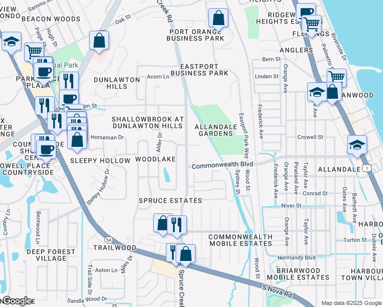 map of restaurants, bars, coffee shops, grocery stores, and more near 4655 Spruce Creek Road in Port Orange