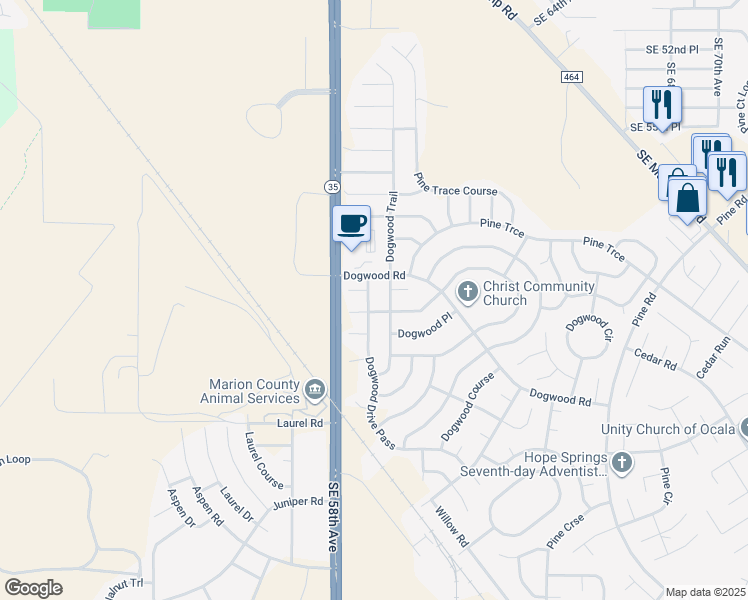 map of restaurants, bars, coffee shops, grocery stores, and more near 30 Dogwood Trail in Ocala