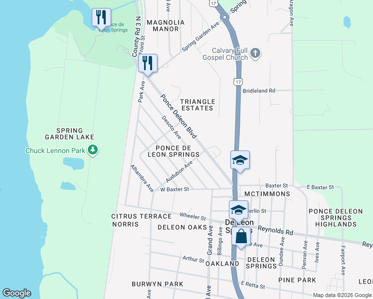 map of restaurants, bars, coffee shops, grocery stores, and more near 324 Desoto Avenue in De Leon Springs