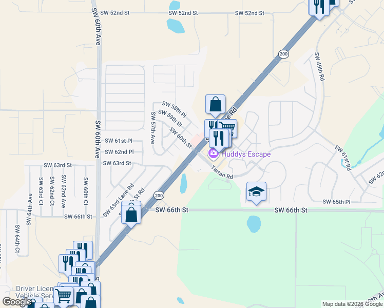 map of restaurants, bars, coffee shops, grocery stores, and more near 5365 Southwest State Road 200 in Ocala