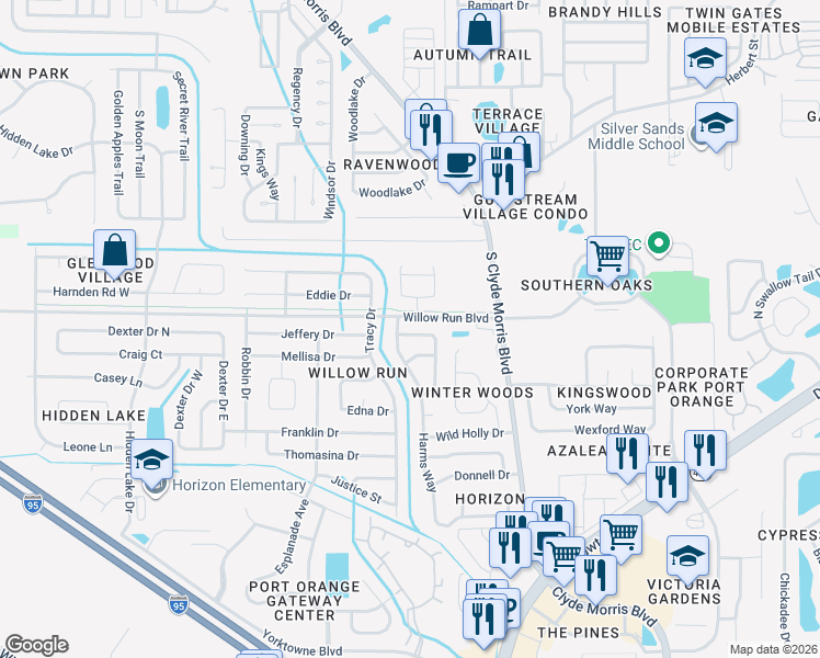 map of restaurants, bars, coffee shops, grocery stores, and more near 1107 Loblolly Lane in Port Orange