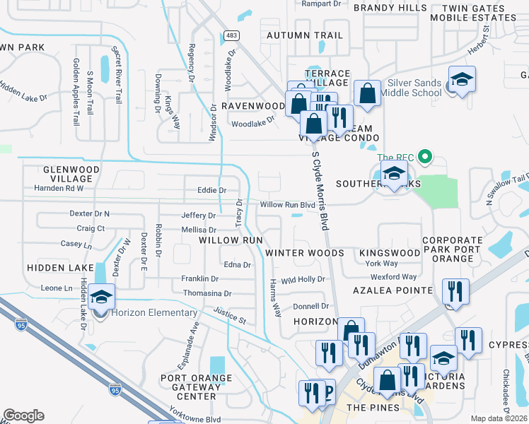 map of restaurants, bars, coffee shops, grocery stores, and more near 1107 Loblolly Lane in Port Orange
