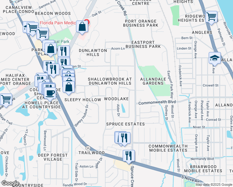 map of restaurants, bars, coffee shops, grocery stores, and more near 4568 Alder Drive in Port Orange