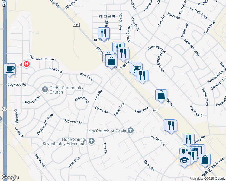 map of restaurants, bars, coffee shops, grocery stores, and more near 3 Pine Trace Place in Ocala