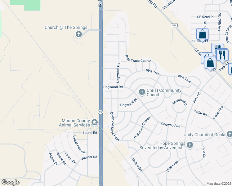 map of restaurants, bars, coffee shops, grocery stores, and more near 30 Dogwood Trail in Ocala