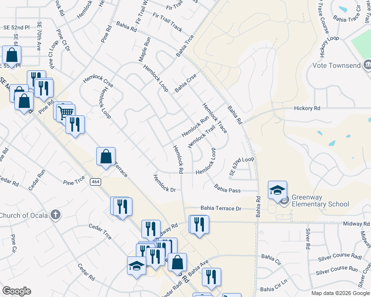 map of restaurants, bars, coffee shops, grocery stores, and more near 34 Hemlock Trail in Ocala