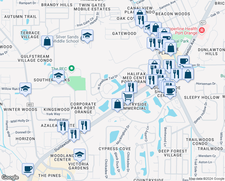map of restaurants, bars, coffee shops, grocery stores, and more near 3928 Oak Crest Circle in Port Orange