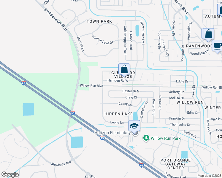 map of restaurants, bars, coffee shops, grocery stores, and more near 1433 Dexter Drive North in Port Orange