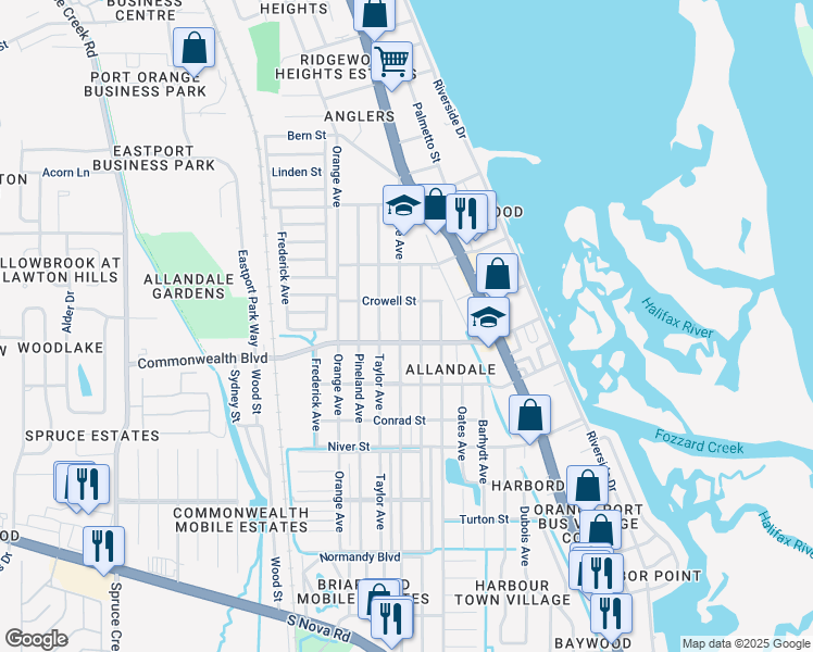 map of restaurants, bars, coffee shops, grocery stores, and more near 5223 Isabelle Avenue in Port Orange