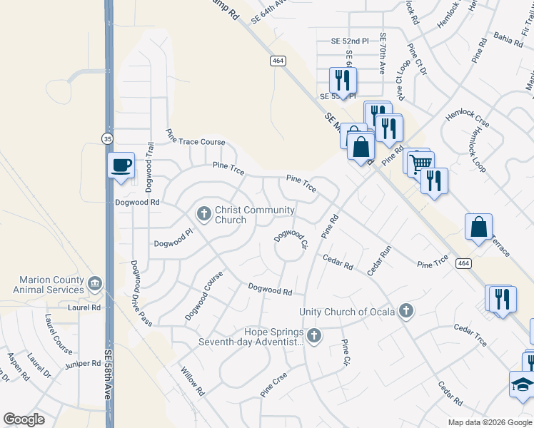 map of restaurants, bars, coffee shops, grocery stores, and more near 18 Pine Trace Loop in Ocala