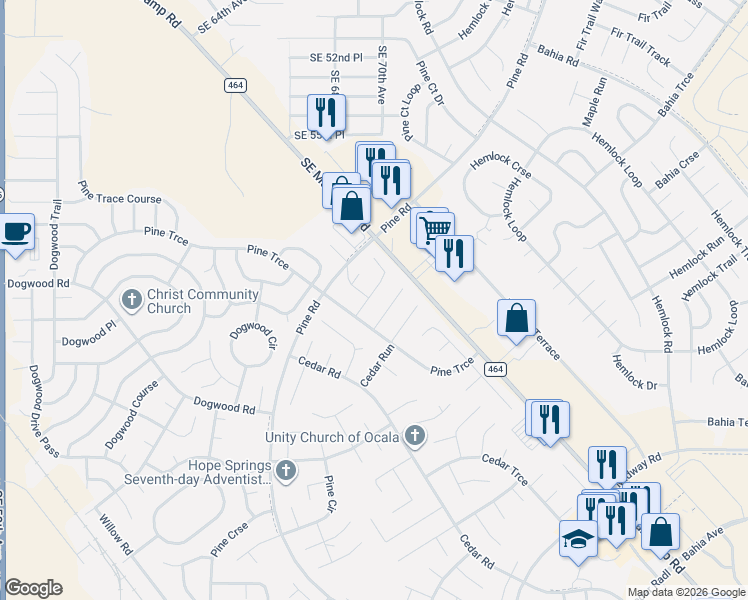 map of restaurants, bars, coffee shops, grocery stores, and more near 3 Pine Trace Place in Ocala